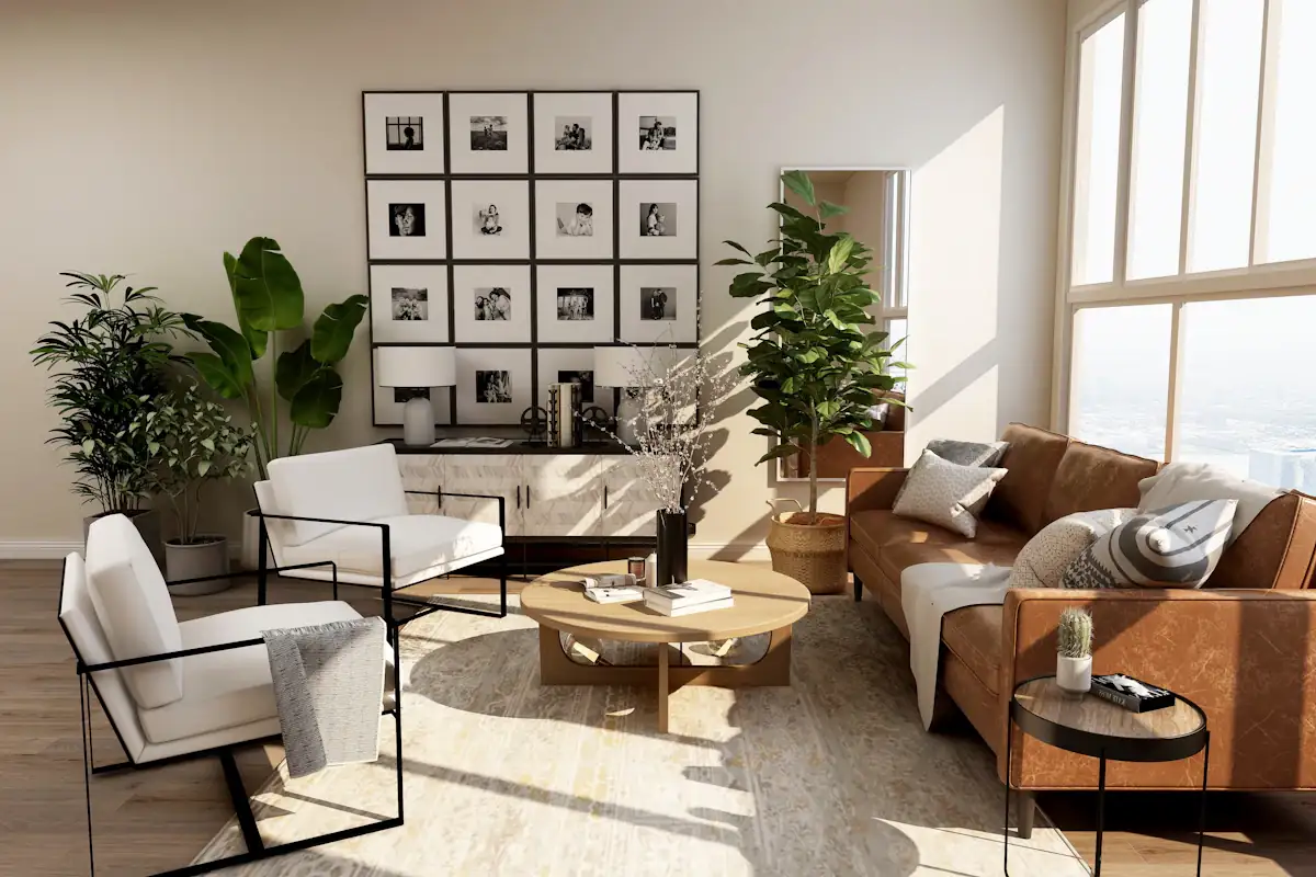 Salon lumineux, textiles naturels et mobilier en bois