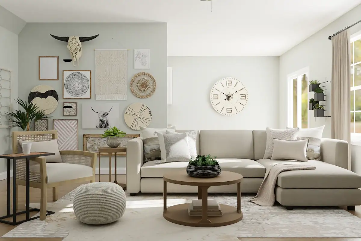 Petit salon aux tons doux et tapis clair